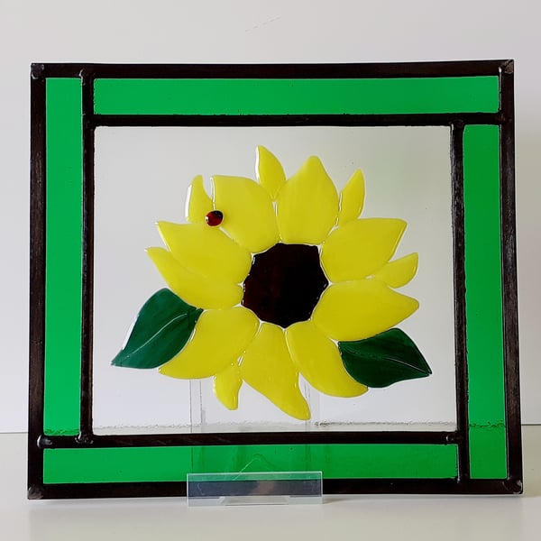 Leaded stained glass panel with fused glass sunflower design