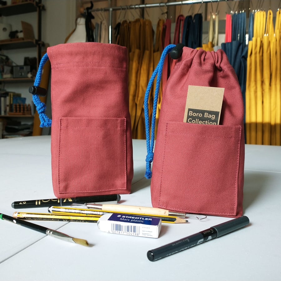 Little Drawstring Pouch Bag with Pocket. Dusty Red 004