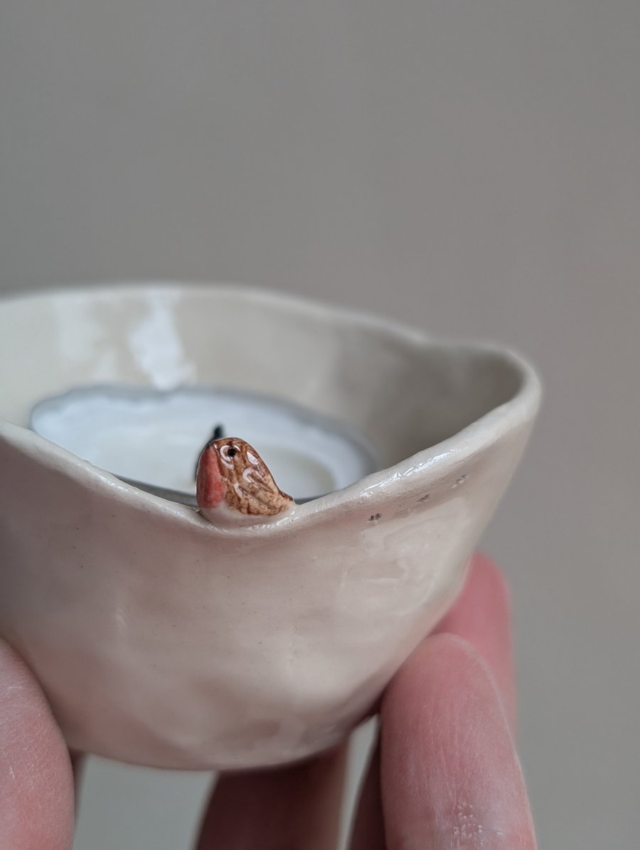 Hand pinched tealight robin & birdprints pottery candle holder SALE as a SECOND