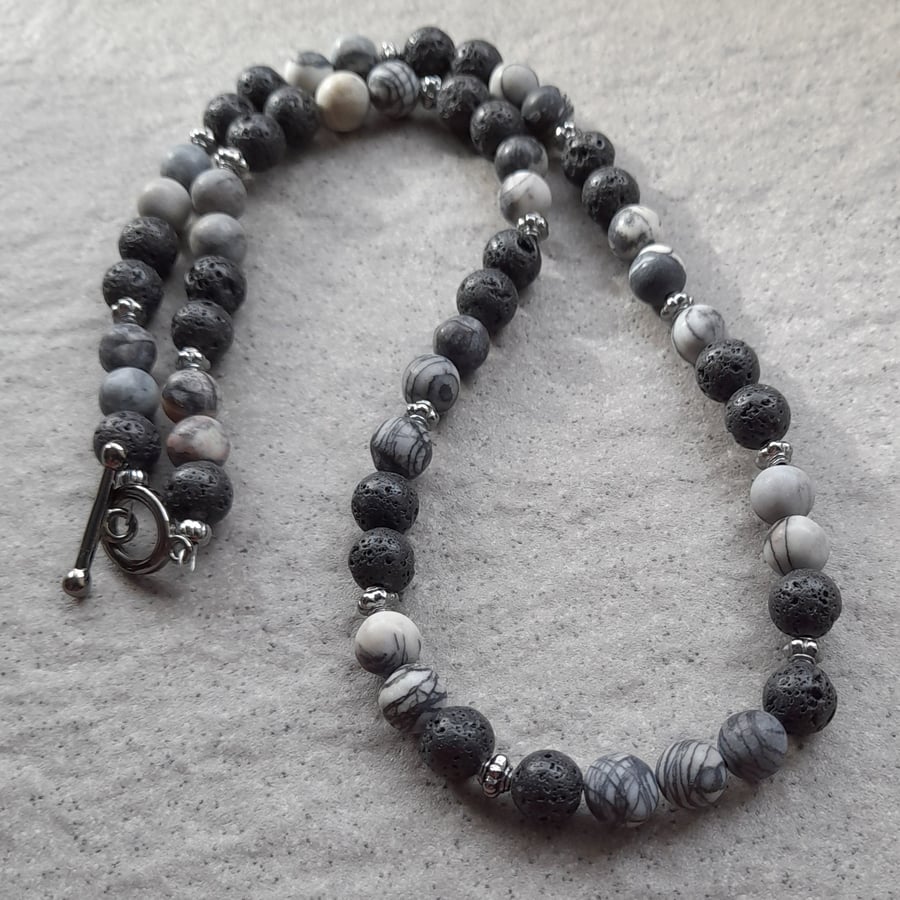  Lava Rock Black Vein Jasper Beaded Necklace