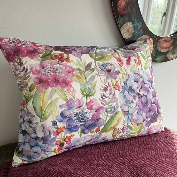 Watercolour floral and herringbone rectangular cushion cover summer flowers