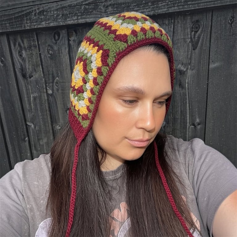 Festival Crochet Bonnet - Multicolour Granny Square Hat with Ties