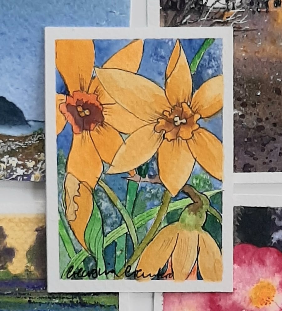 Handpainted ACEO Trading Card Of Yellow Daffodils