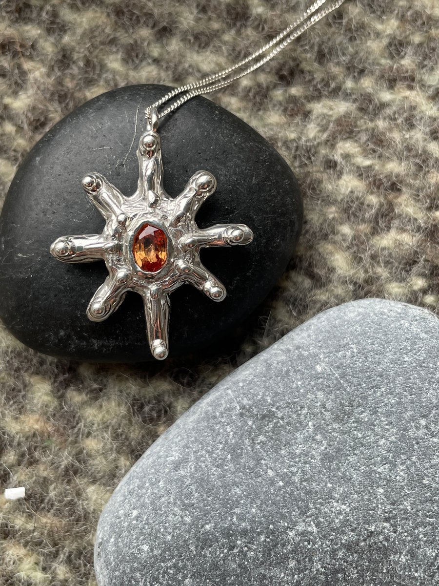 Sunburst silver pendant Orange tourmaline in recycled sterling silver Wax cast 