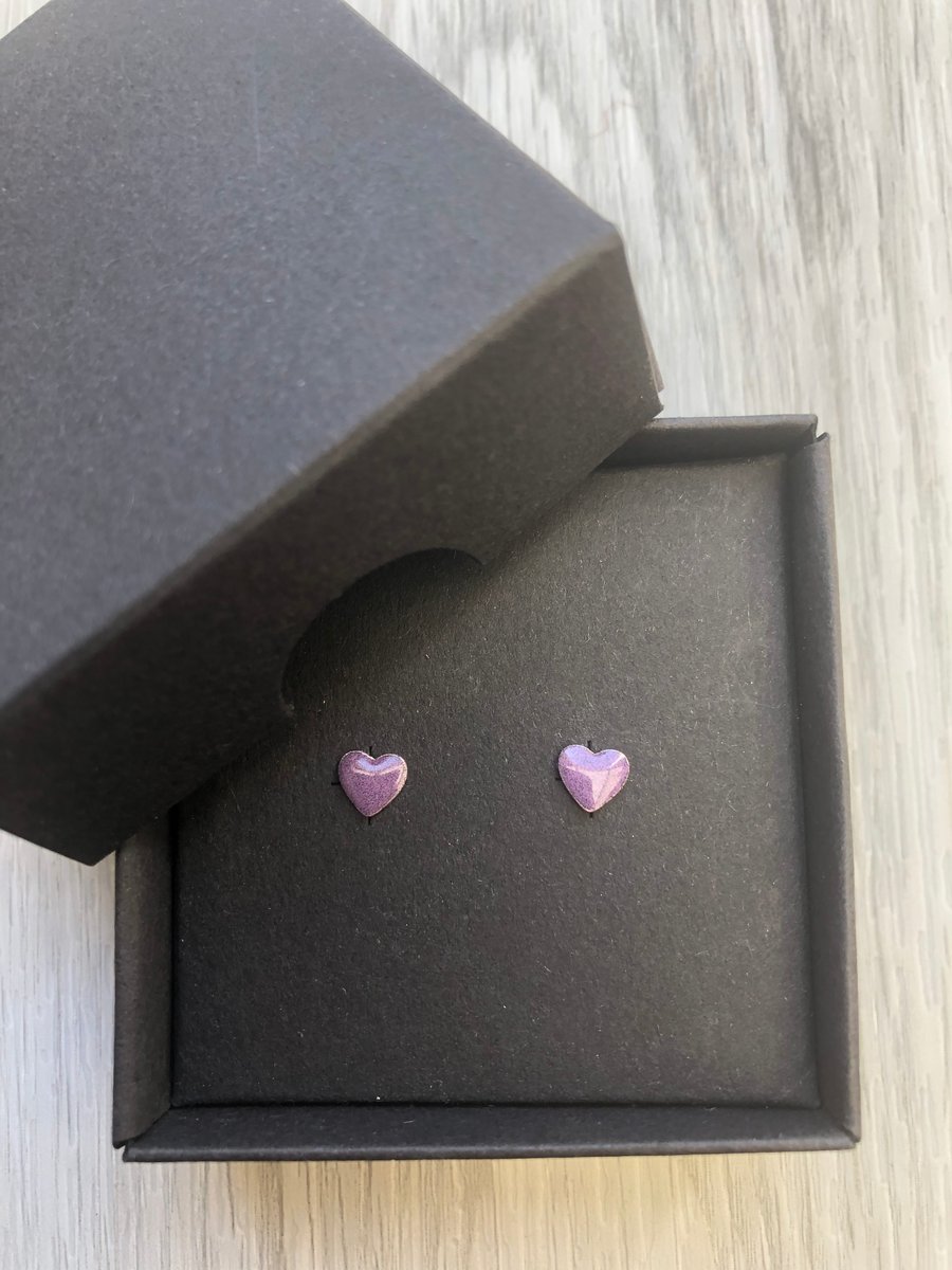Purple enamel heart studs. Sterling silver studs.
