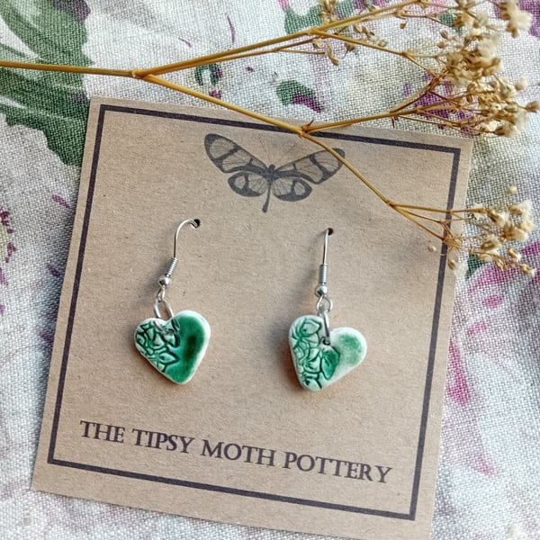 Classic heart porcelain clay earrings in bottle green on surgical steel hooks
