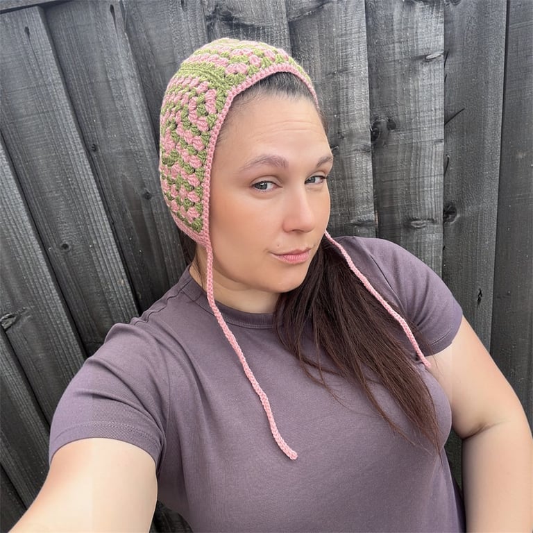 Handmade Crochet Bonnet for Women Pink & Green Granny style Festival Summer Hat 