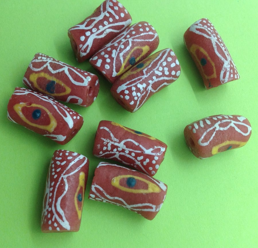 10 pink and white African tube beads of recycled glass approx 2cm long
