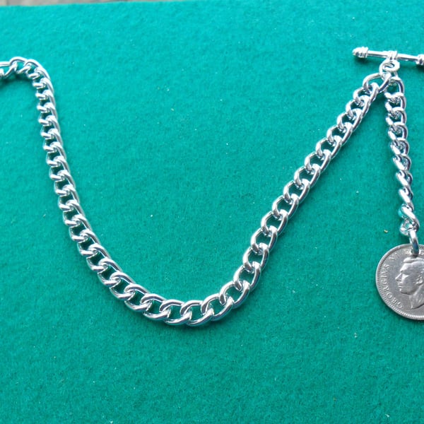 Albert pocket watch Chain silver coloured watch chain with King George VI "lucky