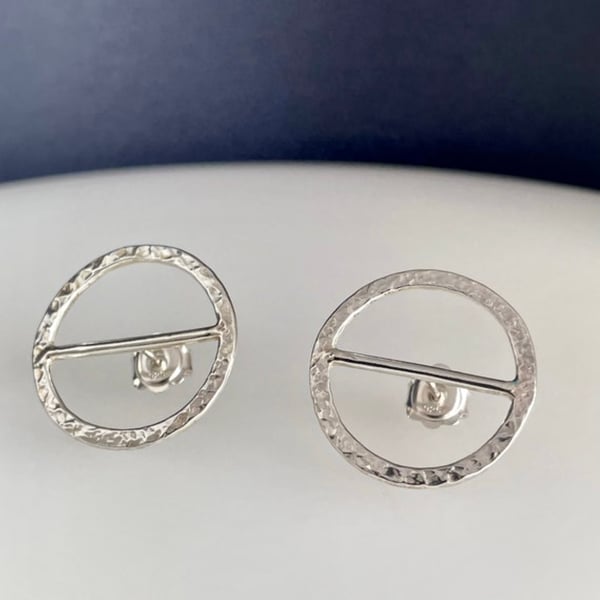 Silver Circle Ear Stud Earrings - Sterling Silver Hammered-Sparkly - 22mm 