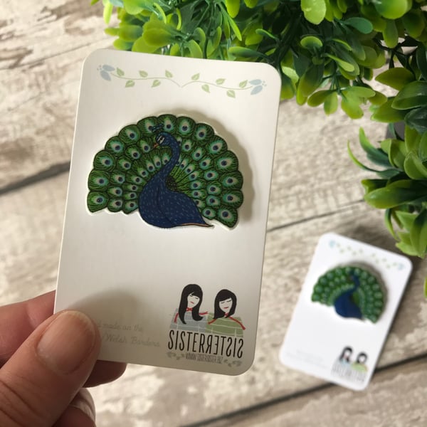 Percy the Peacock - hand made Pin, Badge, Brooch