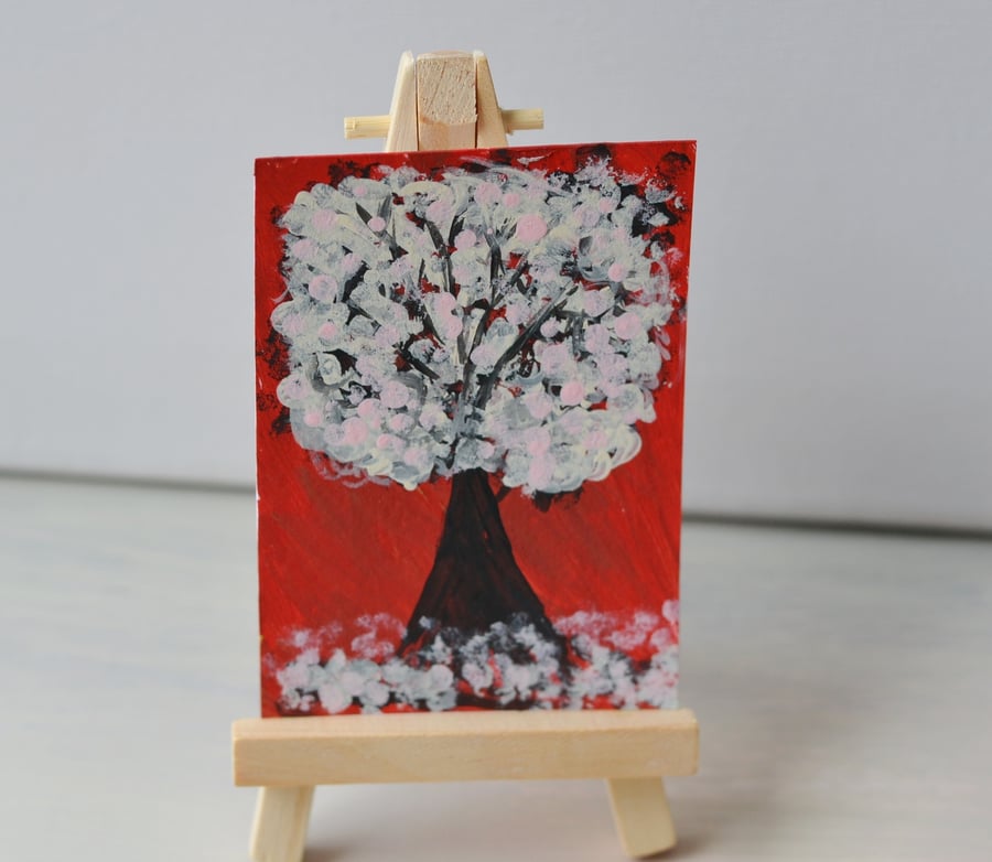Aceo Tree in Blossom Acrylic Painting, Original Art 