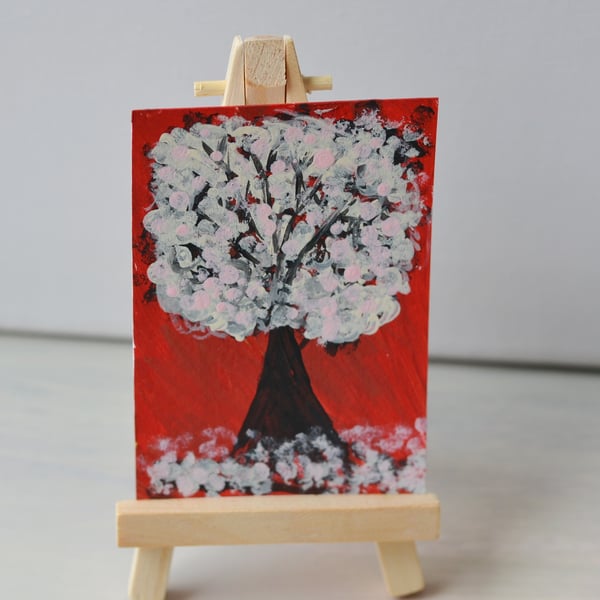 Aceo Tree in Blossom Acrylic Painting, Original Art 