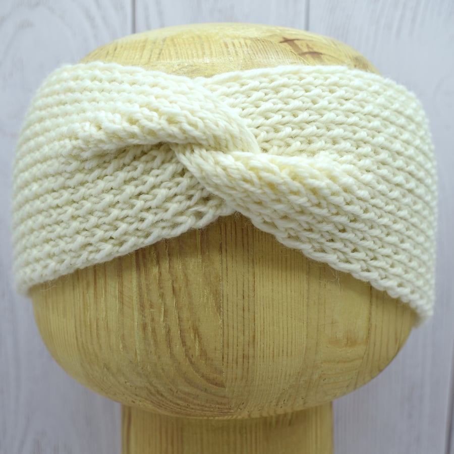 SOLD - Hand Knitted headband ear warmers in cream wool adult M