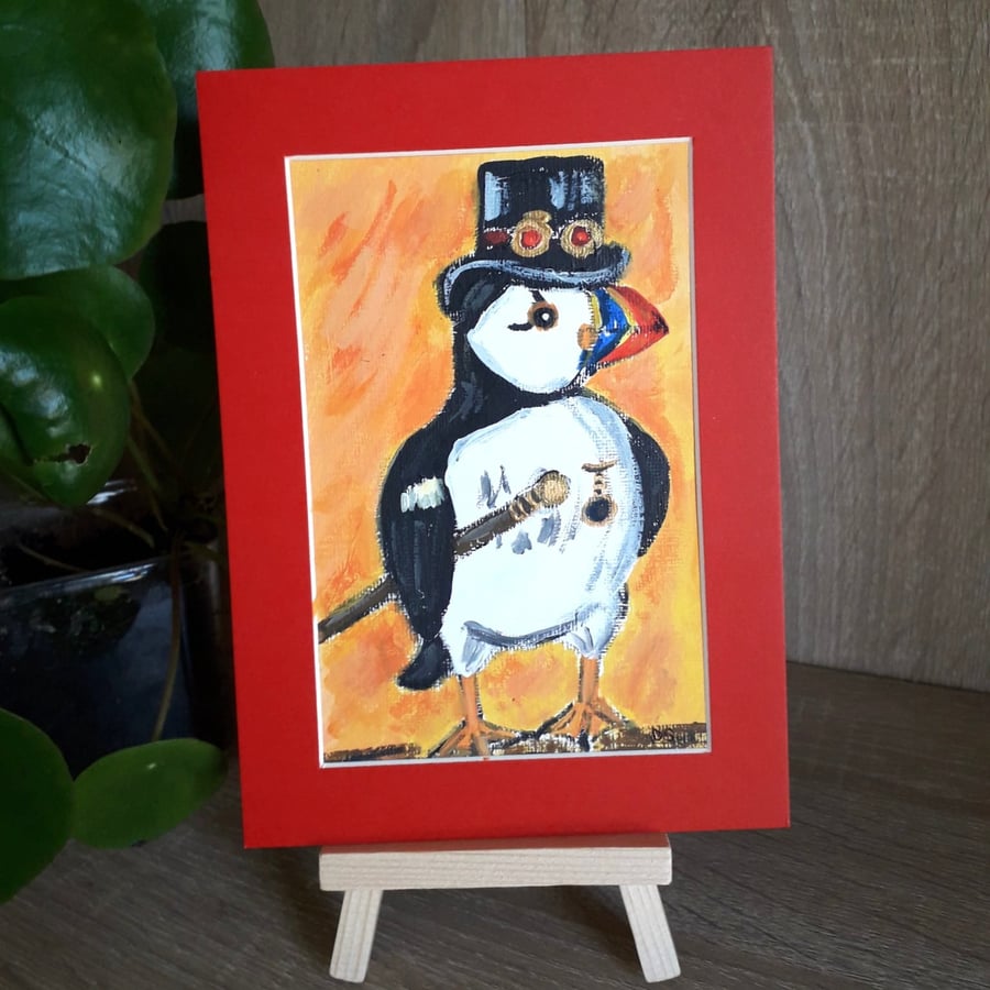 Steampunk style Puffin small original painting.  