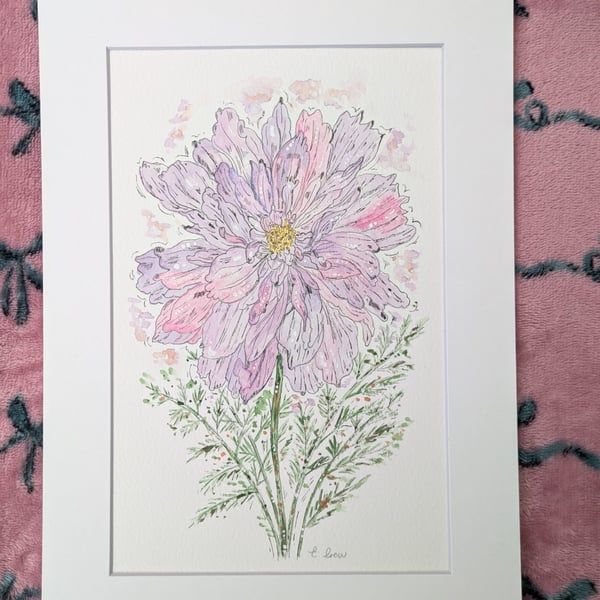Cosmos hand-painted original watercolour painting A4 mounted