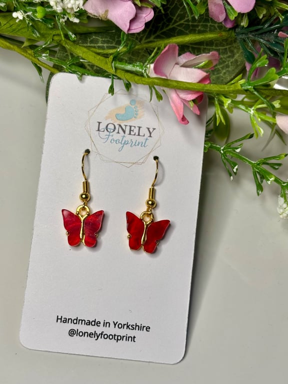 Red Butterfly Earrings, Charm Earrings, Handmade Jewellery 