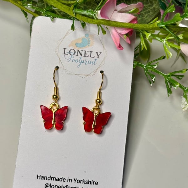Red Butterfly Earrings, Charm Earrings, Handmade Jewellery 