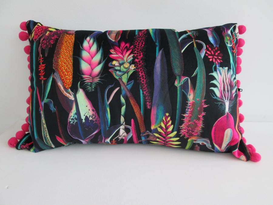 Printed Velvet Jungle  Design  Cushion  with pink Pom Poms
