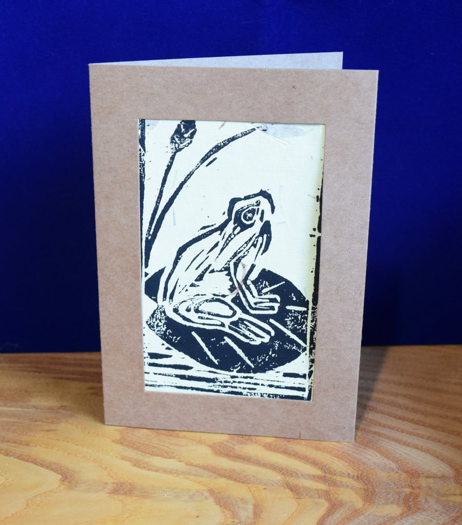 Linoprint Frog on lily pad - printed on botanical paper