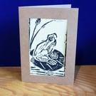 Linoprint Frog on lily pad - printed on botanical paper