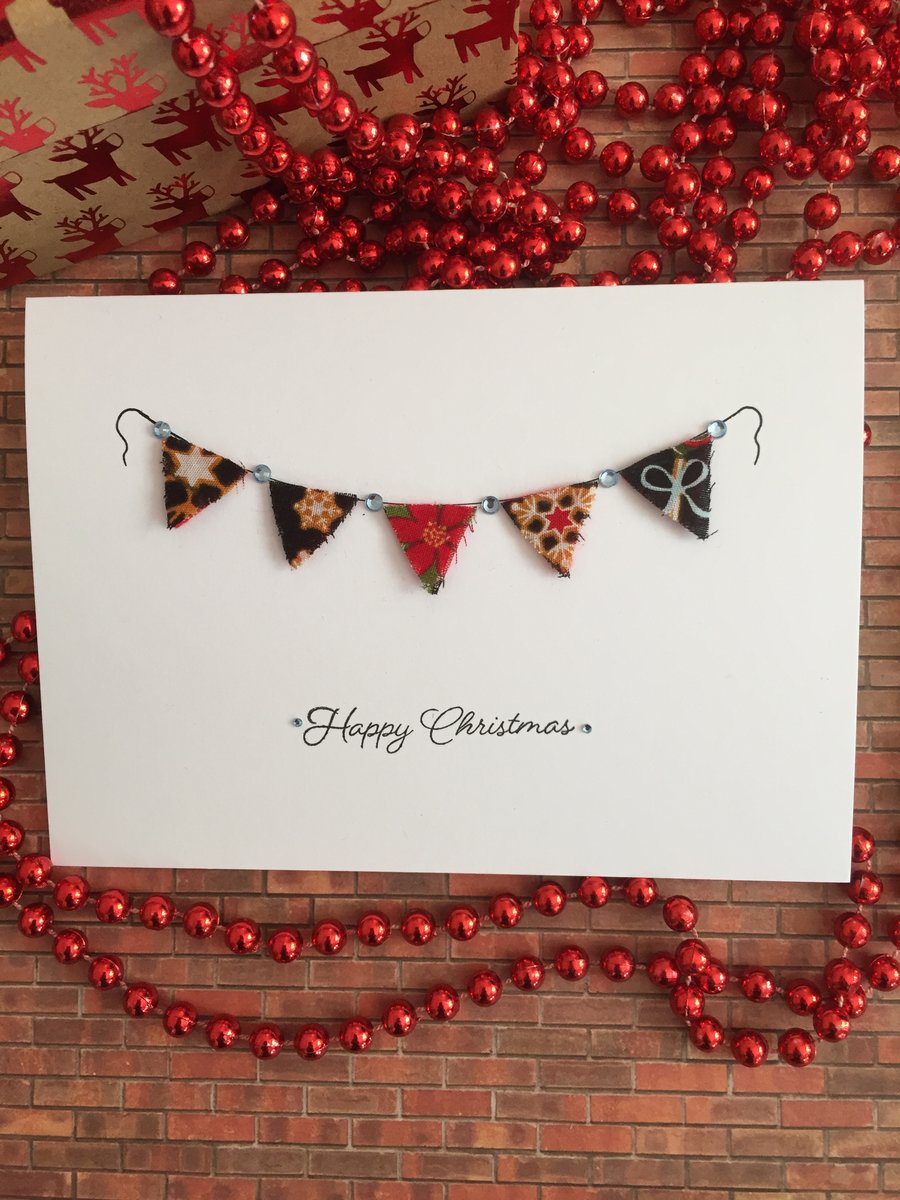 Handmade Christmas bunting card, fabric card, Xmas card