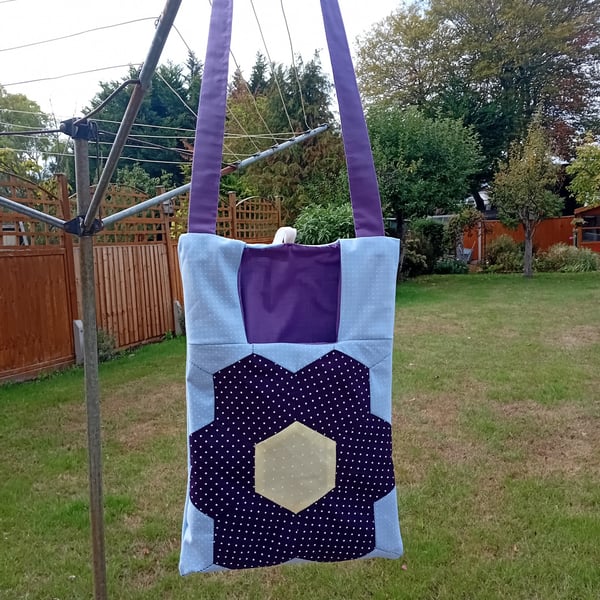 Patchwork peg bag with shoulder strap. Purple, yellow & blue with white spots. 