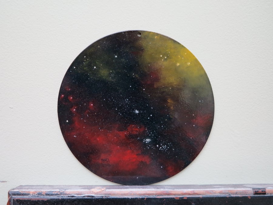 Celestial sky oil painted round panel