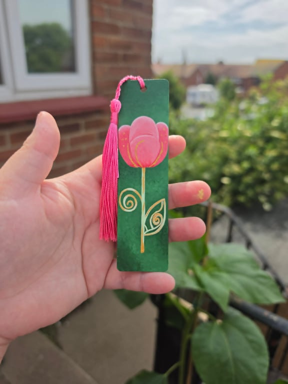 Hand-Painted Pink Flower Wooden Bookmark With Gold Accents & Tassel