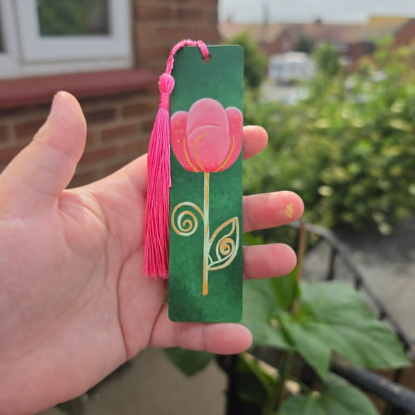 Hand-Painted Pink Flower Wooden Bookmark With Gold Accents & Tassel