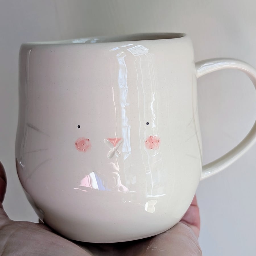 Handmade bunny rabbit mug, Easter cup with handpainted face  