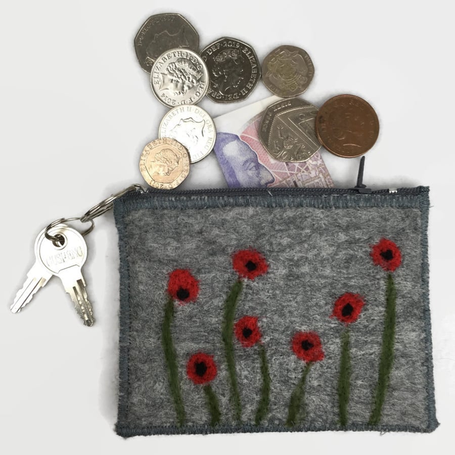 Coin purse, poppy design, grey felt with integral keyring and external pocket