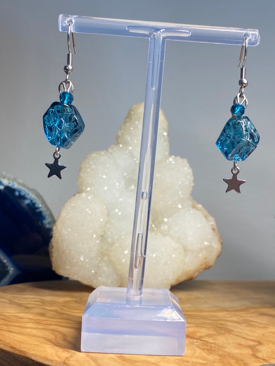 Abbie - Unusual “rock” shape glass teal earrings