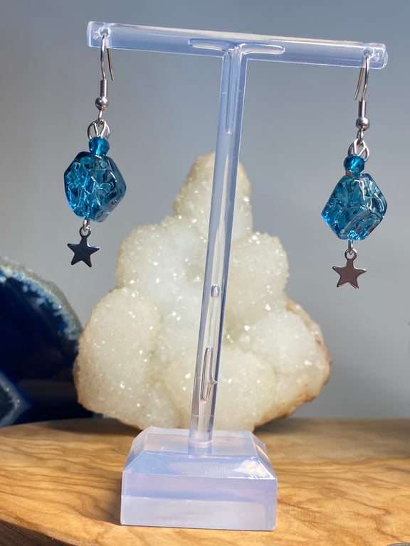 Abbie - Unusual “rock” shape glass teal earrings