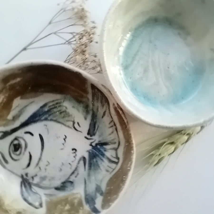 Ceramic trinket dish handpainted rustic earthenware pottery-blue nerikomi