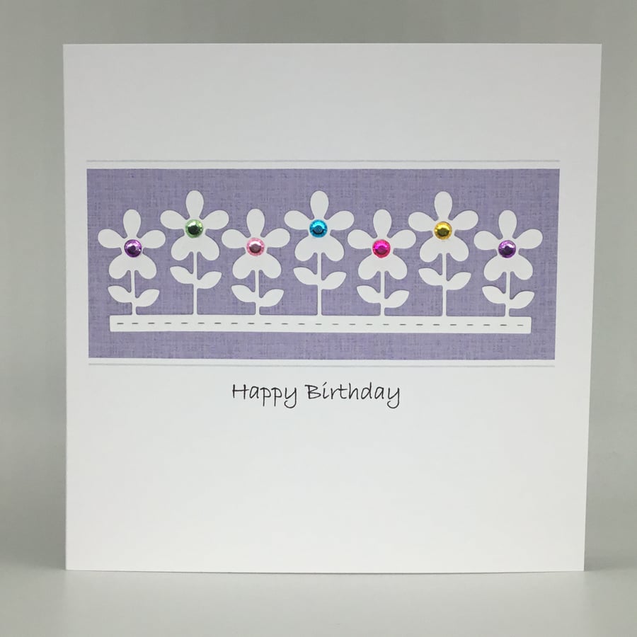 Row of flowers birthday card - lilac