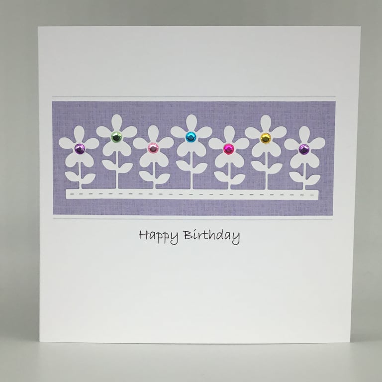 Row of flowers birthday card - lilac