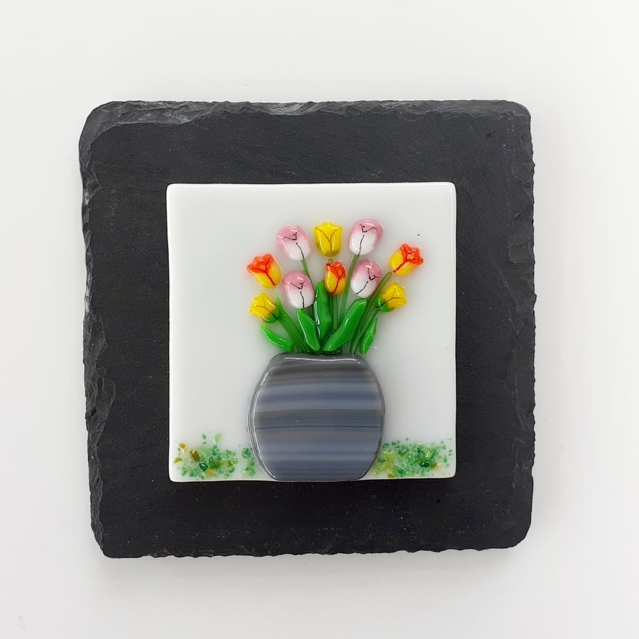 Fused glass mini picture mounted on slate, pot of mixed tulips