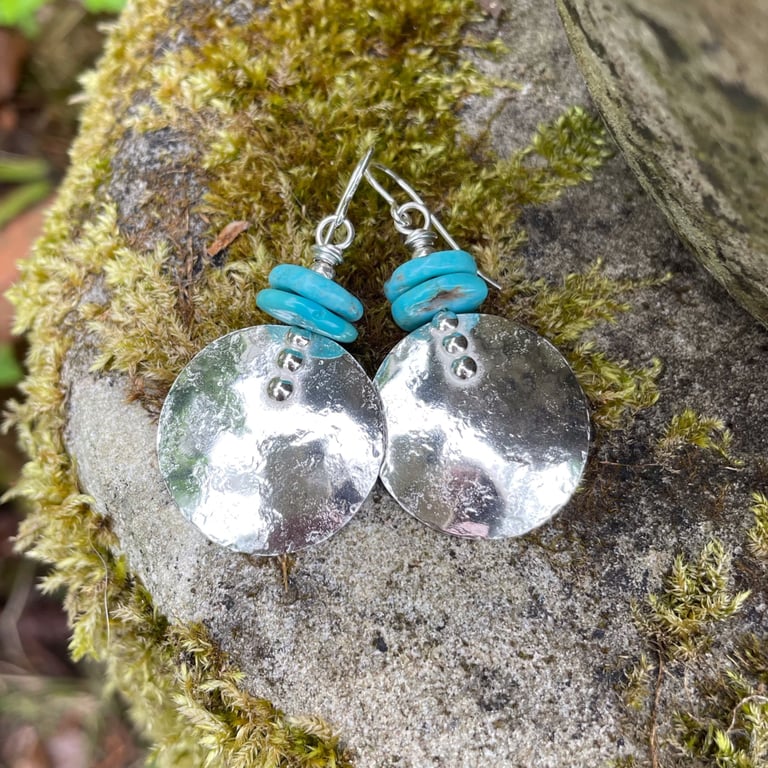 Large round silver and bright turquoise earrings 