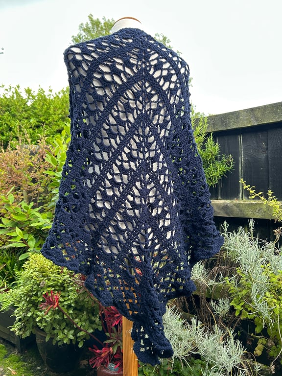 Handmade Soft Navy Blue Merino Lace Triangle Shawl Wrap
