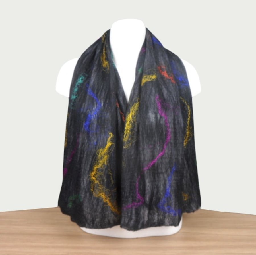 Black nuno felted scarf with multicoloured silk strands, gift boxed