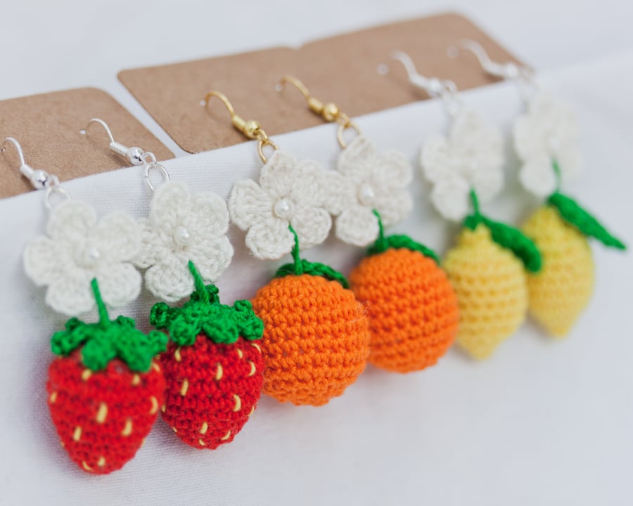 Fruit Earrings Lemons Strawberries Oranges Blossom Flowers Handmade Crochet