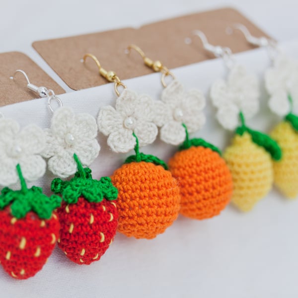 Fruit Earrings Lemons Strawberries Oranges Blossom Flowers Handmade Crochet