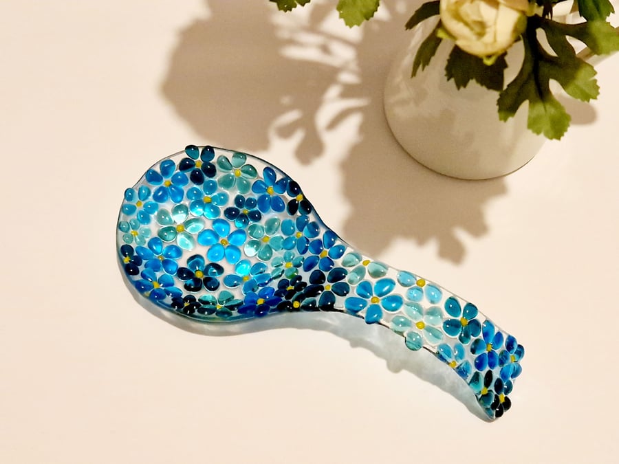Fused glass blue ditsy spoon rest