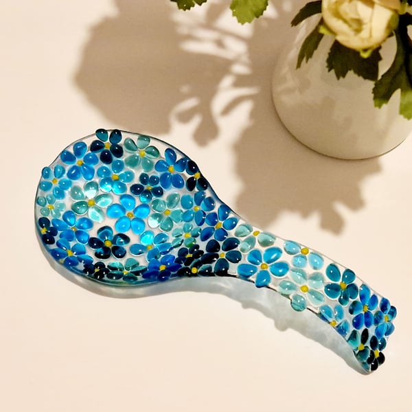 Fused glass blue ditsy spoon rest