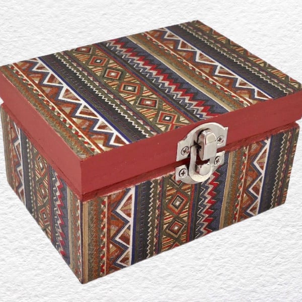 Patterned Stripe Decorated Wooden Trinket Keepsake Box 12cm