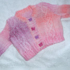 Hand knitted pink cable knit cardigan for 3 to 6 month baby