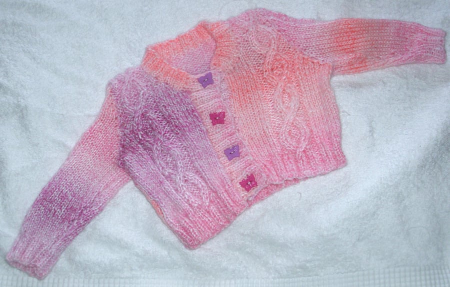 Hand knitted pink cable knit cardigan for 3 to 6 month baby