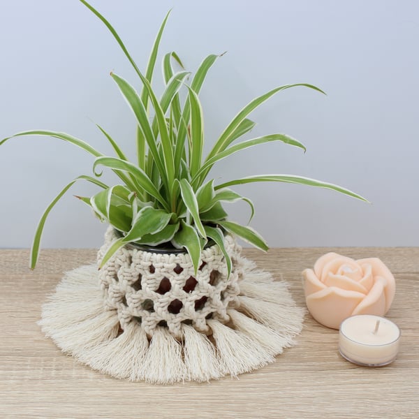 macrame covered tealight holder, upcycled candle holder, mini plant pot