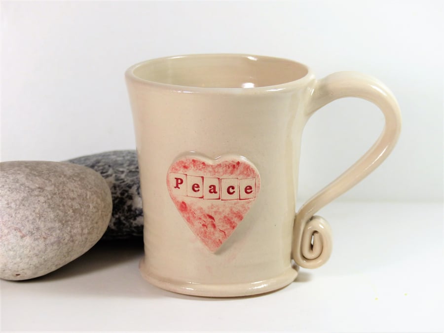 Peace and Love -  White Mug,  Ceramic Pottery Stoneware UK Wheelthrown 
